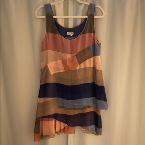 Chris Benz Multicolor Asymmetrical Layered Silk Dress - Navy, Coral, Tan